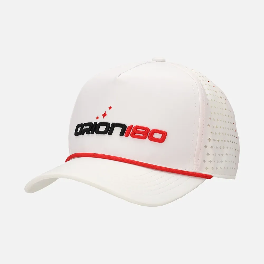 White cap with red and black 'Orion180' logo on a white background