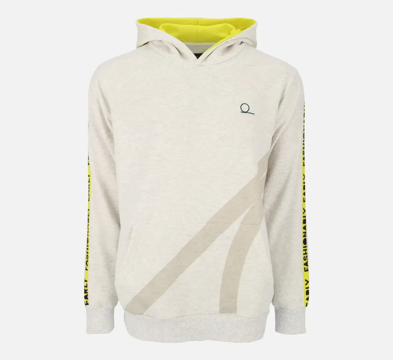 Beige hoodie with yellow accents on a white background